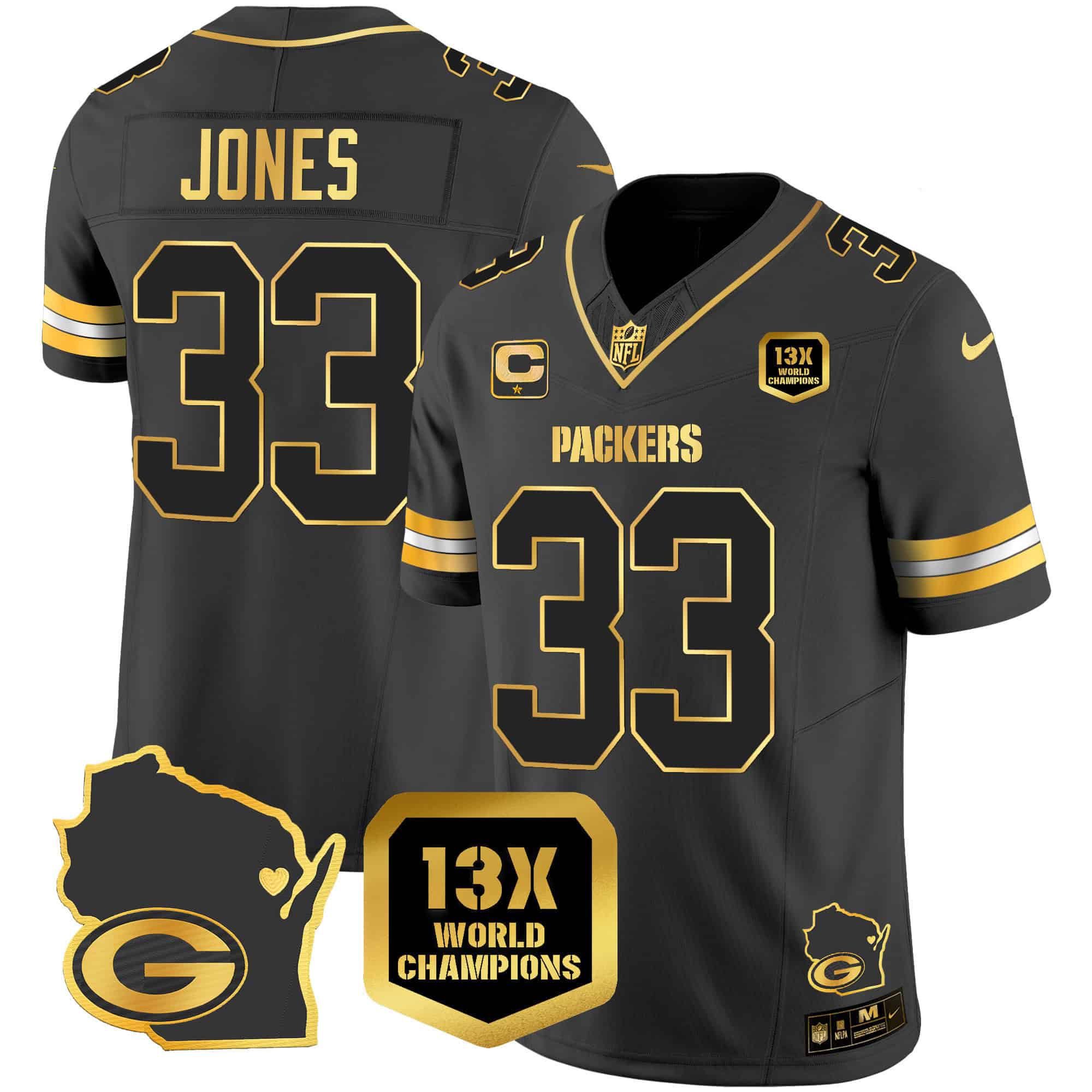 Men Green Bay Packers #33 Jones Black Gold 2024 Nike World Champions Home Patch Vapor NFL Jersey style 2->indianapolis colts->NFL Jersey